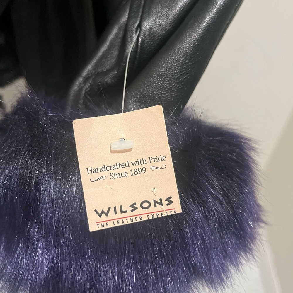 NWT Wilsons Purple Faux Fur LIMITED EDITION Vintage Black Leather Jacket Coat - Picture 8 of 9